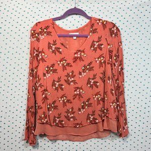 LC Lauren Conrad Pink Floral & Lace Long Sleeve V-Neck Peasant Blouse